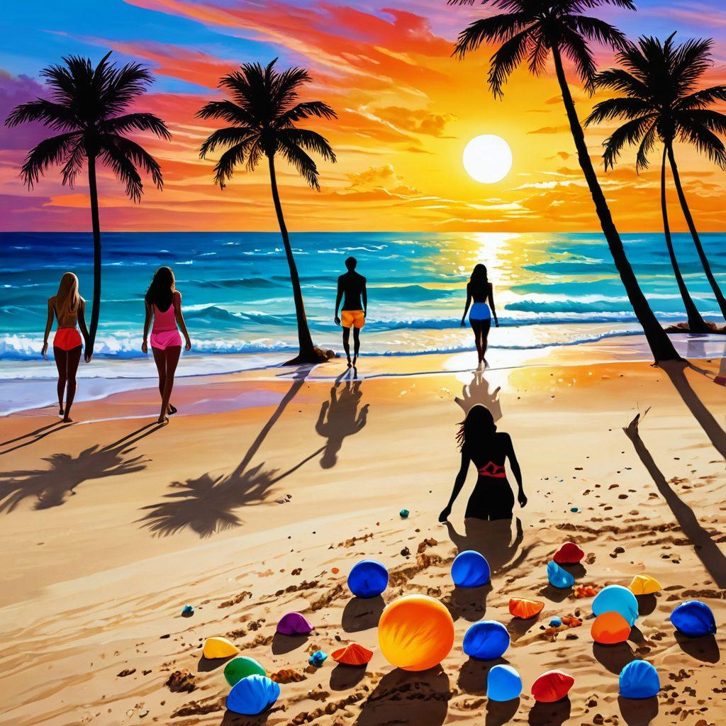 A stylish beach scene featuring a diverse group of fashionable individuals flaunting trendy beachwear. Include vibrant seashells and a beach ball scattered on the golden sand, with palm trees swaying in the background and a stunning sunset casting colorful reflections on the ocean. The atmosphere should exude a fun and adventurous summer vibe. digital painting. vibrant colors. tropical theme.